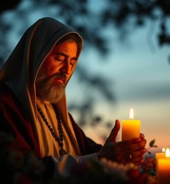 Obraz przedstawiający księdza modlącego się o zmierzchu w lesie oświetlonym świecami