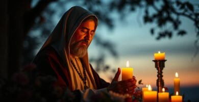 Obraz przedstawiający księdza modlącego się o zmierzchu w lesie oświetlonym świecami