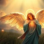 Obraz anioła stojącego pośrodku pola z rękami na piersi, światło padające z nieba oświetla scenę