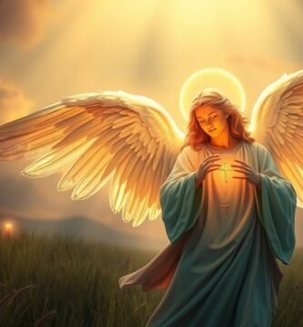 Obraz anioła stojącego pośrodku pola z rękami na piersi, światło padające z nieba oświetla scenę