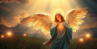 Obraz anioła stojącego pośrodku pola z rękami na piersi, światło padające z nieba oświetla scenę
