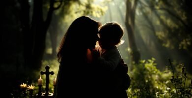 Ujęcie z góry przedstawiające matkę trzymającą dziecko na rękach, na tle lasu, po obu stronach którego stoi krzyż i świece.