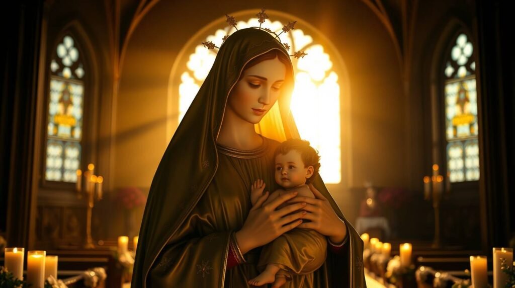 Obraz Matki Boskiej z Dzieciątkiem na ręku, w tle pusty kościół oświetlony światłem wpadającym przez okno