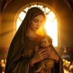 Obraz Matki Boskiej z Dzieciątkiem na ręku, w tle pusty kościół oświetlony światłem wpadającym przez okno