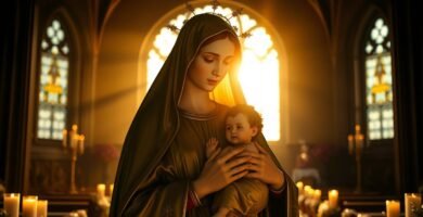 Obraz Matki Boskiej z Dzieciątkiem na ręku, w tle pusty kościół oświetlony światłem wpadającym przez okno