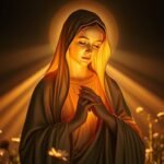 Obraz Matki Boskiej modlącej się pośrodku ciemnego pola, za którym rozchodzi się intensywne światło