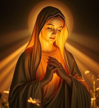 Obraz Matki Boskiej modlącej się pośrodku ciemnego pola, za którym rozchodzi się intensywne światło