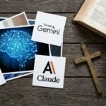 Zbliżenie biurka z obrazem symbolizującym sztuczną inteligencję, obok logo sztucznej inteligencji znanej jako Gamini lub Claude, a po drugiej stronie biurka Biblia obok starego krzyża