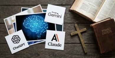 Zbliżenie biurka z obrazem symbolizującym sztuczną inteligencję, obok logo sztucznej inteligencji znanej jako Gamini lub Claude, a po drugiej stronie biurka Biblia obok starego krzyża