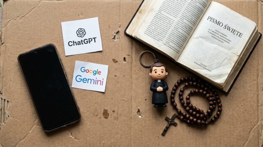 Obraz na stole przedstawiający telefon komórkowy z symbolem Bliźniąt i czatem, po drugiej stronie Biblia, różaniec i lalka katolickiego księdza lub duchownego