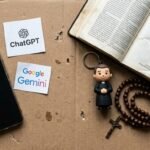 Obraz na stole przedstawiający telefon komórkowy z symbolem Bliźniąt i czatem, po drugiej stronie Biblia, różaniec i lalka katolickiego księdza lub duchownego