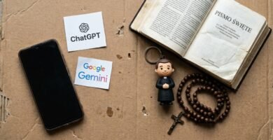 Obraz na stole przedstawiający telefon komórkowy z symbolem Bliźniąt i czatem, po drugiej stronie Biblia, różaniec i lalka katolickiego księdza lub duchownego