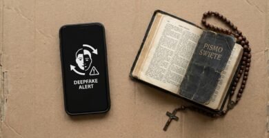 Obraz telefonu komórkowego obok otwartej Biblii z różańcem pośrodku