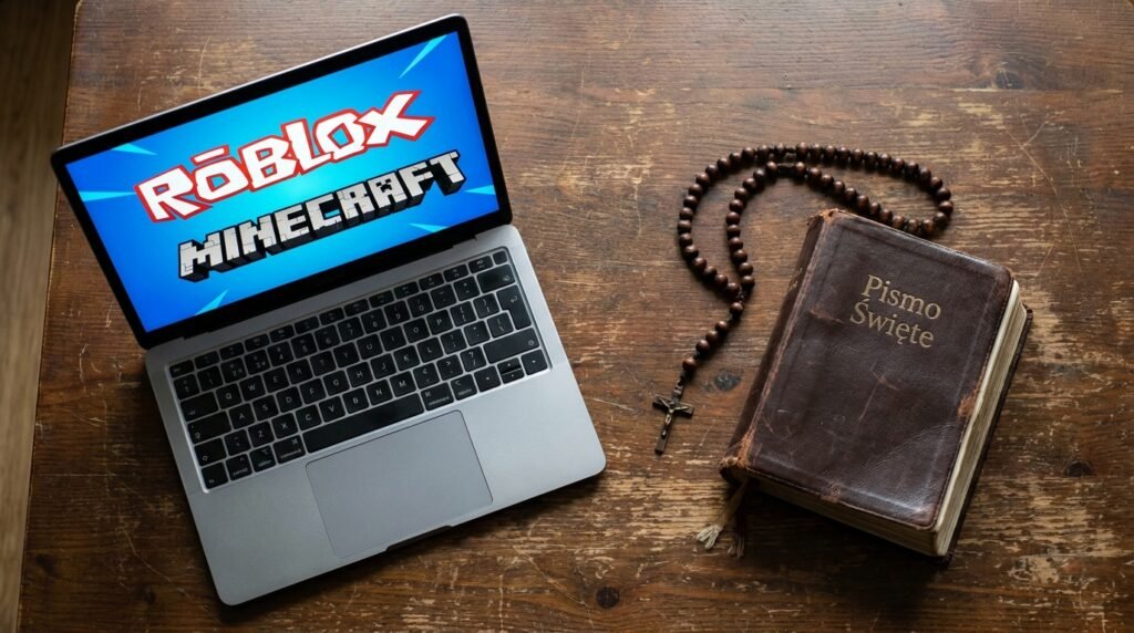 Obraz laptopa na stole z symbolami Roblox i Minecraft na ekranie; obok leży stara Biblia i różaniec.