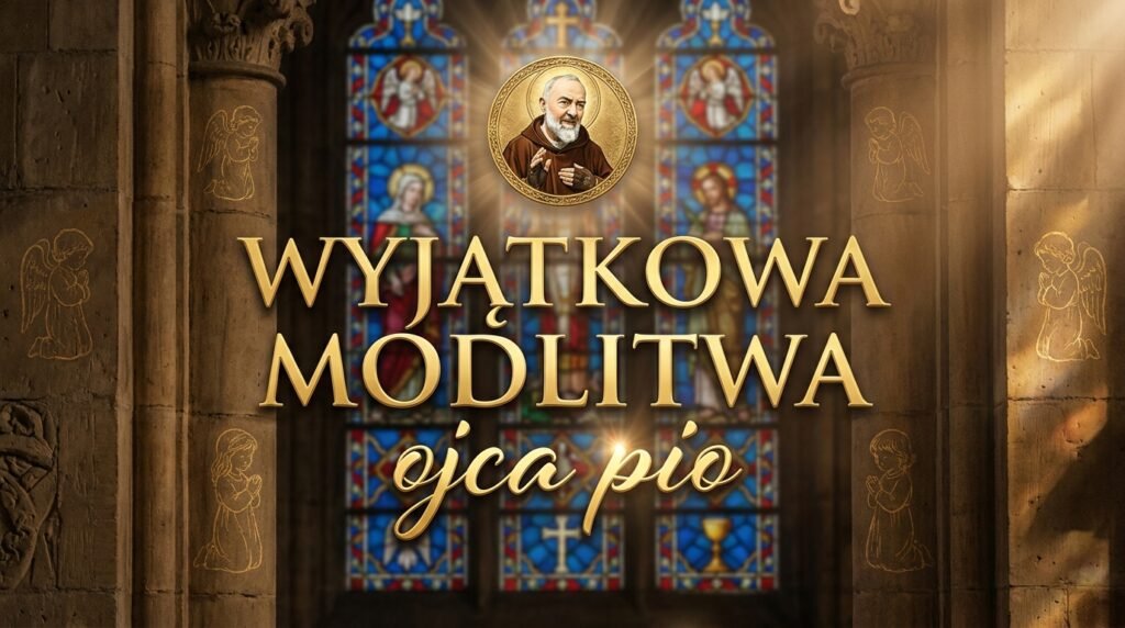 Obraz z dużym, przyciągającym wzrok tekstem, tytułem artykułu i zdjęciem Padre Pio u góry; w tle widoczne są okna kościoła.