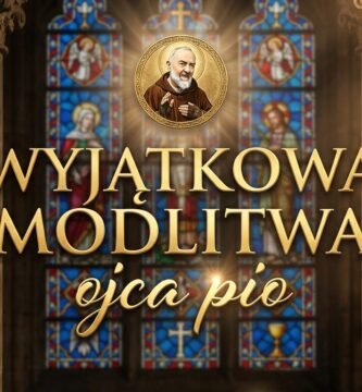 Obraz z dużym, przyciągającym wzrok tekstem, tytułem artykułu i zdjęciem Padre Pio u góry; w tle widoczne są okna kościoła.