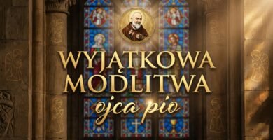 Obraz z dużym, przyciągającym wzrok tekstem, tytułem artykułu i zdjęciem Padre Pio u góry; w tle widoczne są okna kościoła.