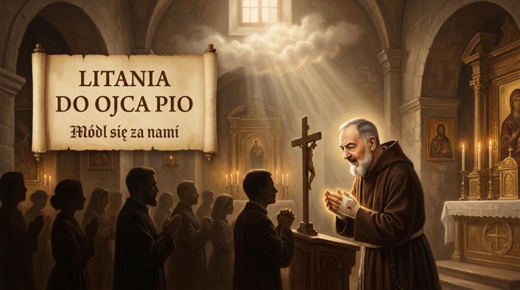 Obraz przedstawiający Ojca Pio z grupą wiernych modlących się w kościele