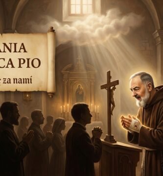 Obraz przedstawiający Ojca Pio z grupą wiernych modlących się w kościele