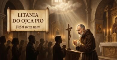 Obraz przedstawiający Ojca Pio z grupą wiernych modlących się w kościele