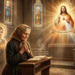 Obraz starszej kobiety modlącej się w kościele przed Biblią, za nią wizerunek jej wnuka, a w tle wizerunek Chrystusa