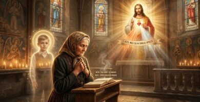 Obraz starszej kobiety modlącej się w kościele przed Biblią, za nią wizerunek jej wnuka, a w tle wizerunek Chrystusa
