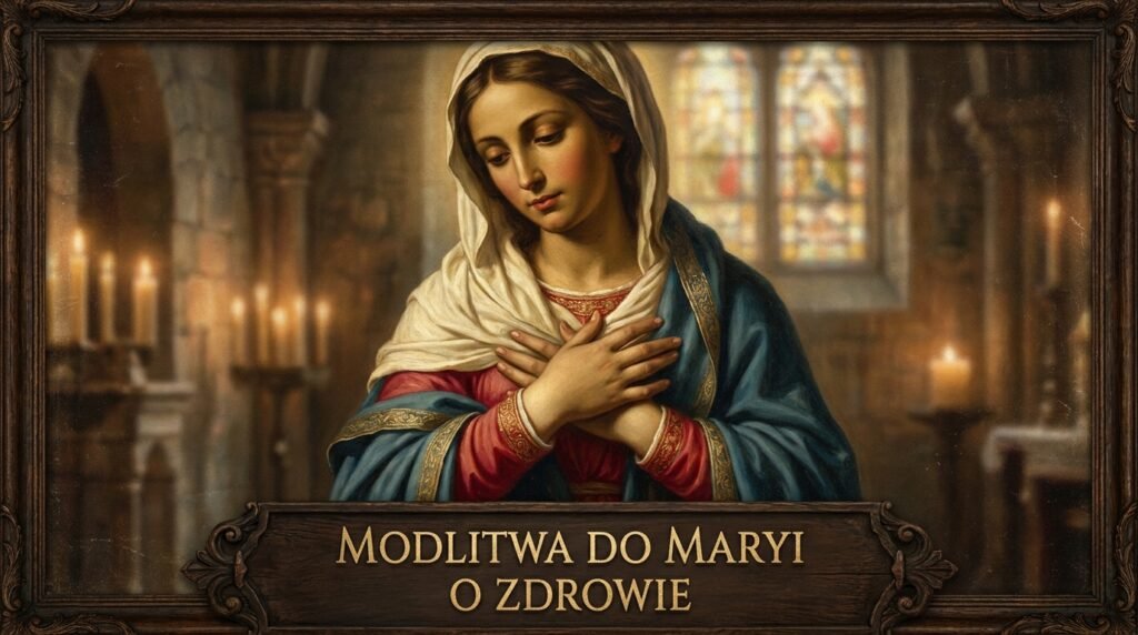 Obraz Matki Boskiej wewnątrz kościoła na pierwszym planie, tytuł obrazu na dole