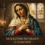 Obraz Matki Boskiej wewnątrz kościoła na pierwszym planie, tytuł obrazu na dole