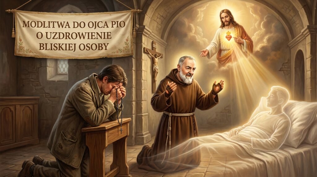 Obraz w stylu malarstwa przedstawiający mężczyznę modlącego się na kolanach z różańcem w dłoniach, obok niego znajduje się Padre Pio, a powyżej obraz Jezusa rzucającego światło na chorego człowieka