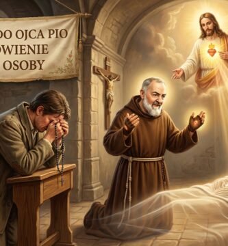 Obraz w stylu malarstwa przedstawiający mężczyznę modlącego się na kolanach z różańcem w dłoniach, obok niego znajduje się Padre Pio, a powyżej obraz Jezusa rzucającego światło na chorego człowieka