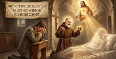 Obraz w stylu malarstwa przedstawiający mężczyznę modlącego się na kolanach z różańcem w dłoniach, obok niego znajduje się Padre Pio, a powyżej obraz Jezusa rzucającego światło na chorego człowieka