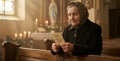Obraz starszej kobiety modlącej się w pustym kościele z różańcem w dłoniach