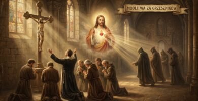 Obraz przedstawiający grupę ludzi modlących się, stojących przed wizerunkiem Chrystusa na krzyżu wewnątrz świątyni