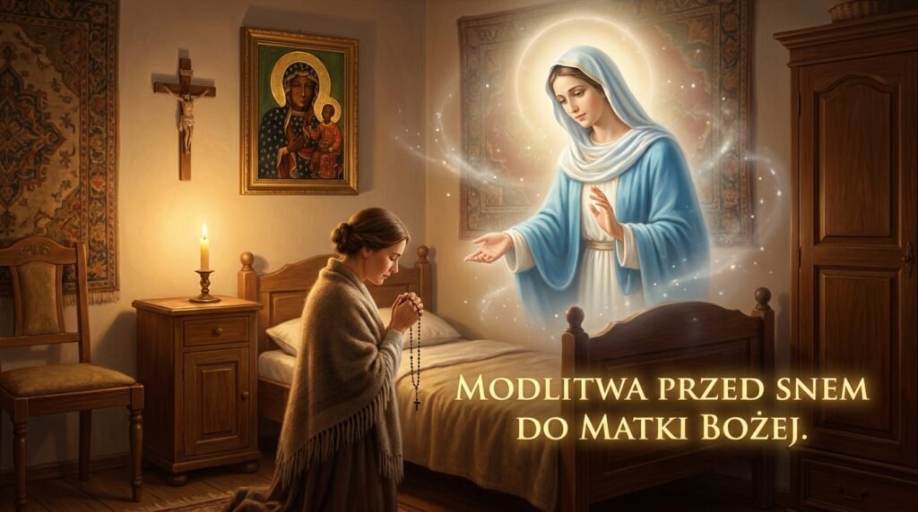 Obraz przedstawiający kobietę modlącą się na kolanach przy łóżku w swojej sypialni, obok niej Matka Boska błogosławiąca jej sen