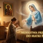 Obraz przedstawiający kobietę modlącą się na kolanach przy łóżku w swojej sypialni, obok niej Matka Boska błogosławiąca jej sen