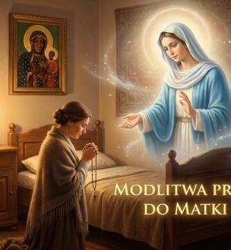 Obraz przedstawiający kobietę modlącą się na kolanach przy łóżku w swojej sypialni, obok niej Matka Boska błogosławiąca jej sen