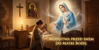 Obraz przedstawiający kobietę modlącą się na kolanach przy łóżku w swojej sypialni, obok niej Matka Boska błogosławiąca jej sen