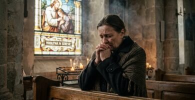 Obraz przedstawia kobietę w średnim wieku o smutnej i sfrustrowanej twarzy, modlącą się w kościele; w tle, w oknie, widnieje obraz Jezusa pocieszającego jakąś osobę.