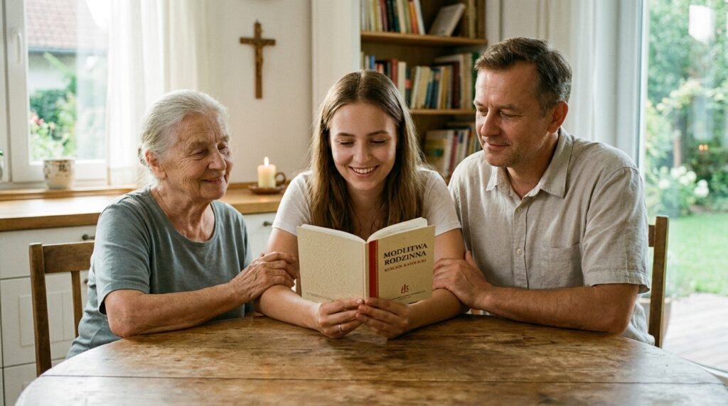 Obraz przedstawia kobietę czytającą Biblię, siedzącą przy stole obok swojego męża, w towarzystwie starszej kobiety, która udziela jej rad.