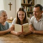 Obraz przedstawia kobietę czytającą Biblię, siedzącą przy stole obok swojego męża, w towarzystwie starszej kobiety, która udziela jej rad.