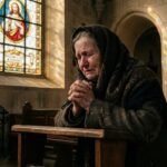 Obraz starszej kobiety o cierpiącej twarzy, modlącej się w kościele, w tle widoczny jest wizerunek Jezusa