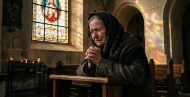 Obraz starszej kobiety o cierpiącej twarzy, modlącej się w kościele, w tle widoczny jest wizerunek Jezusa