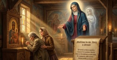 Wizerunek starszej i młodej kobiety modlących się przed wizerunkiem Matki Boskiej. W oddali towarzyszy im wizerunek św. Anny.