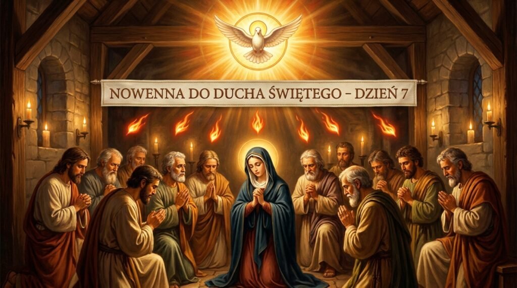 Obraz wnętrza świątyni z grupą ludzi modlących się obok Matki Boskiej. Nad nimi Duch Święty oświetla scenę.