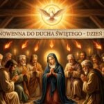 Obraz wnętrza świątyni z grupą ludzi modlących się obok Matki Boskiej. Nad nimi Duch Święty oświetla scenę.