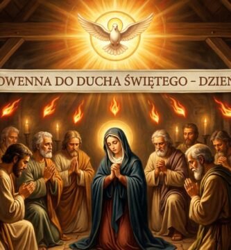 Obraz wnętrza świątyni z grupą ludzi modlących się obok Matki Boskiej. Nad nimi Duch Święty oświetla scenę.