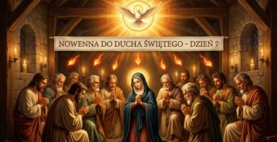 Obraz wnętrza świątyni z grupą ludzi modlących się obok Matki Boskiej. Nad nimi Duch Święty oświetla scenę.
