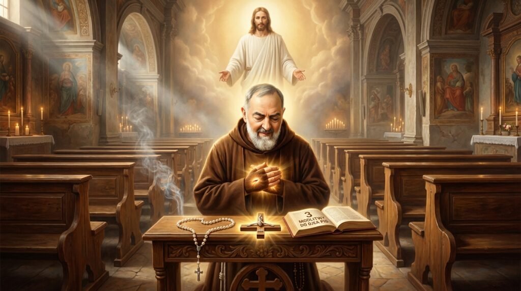Obraz przedstawiający Ojca Pio siedzącego i modlącego się przy stole w kościele. Na stole leży Biblia, różaniec i krzyż. Za nim, wizerunek Jezusa rzuca blask, który oświetla scenę.