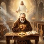 Obraz przedstawiający Ojca Pio siedzącego i modlącego się przy stole w kościele. Na stole leży Biblia, różaniec i krzyż. Za nim, wizerunek Jezusa rzuca blask, który oświetla scenę.