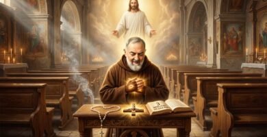 Obraz przedstawiający Ojca Pio siedzącego i modlącego się przy stole w kościele. Na stole leży Biblia, różaniec i krzyż. Za nim, wizerunek Jezusa rzuca blask, który oświetla scenę.